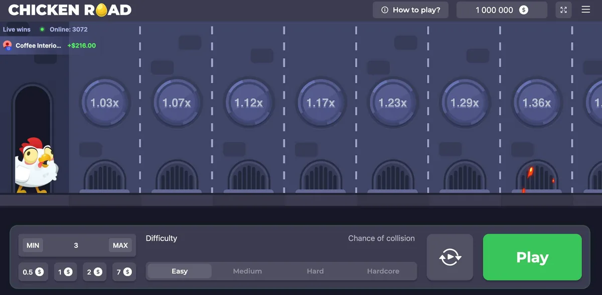 Interface do jogo Chicken Road da InOut Games com multiplicadores e níveis de dificuldade